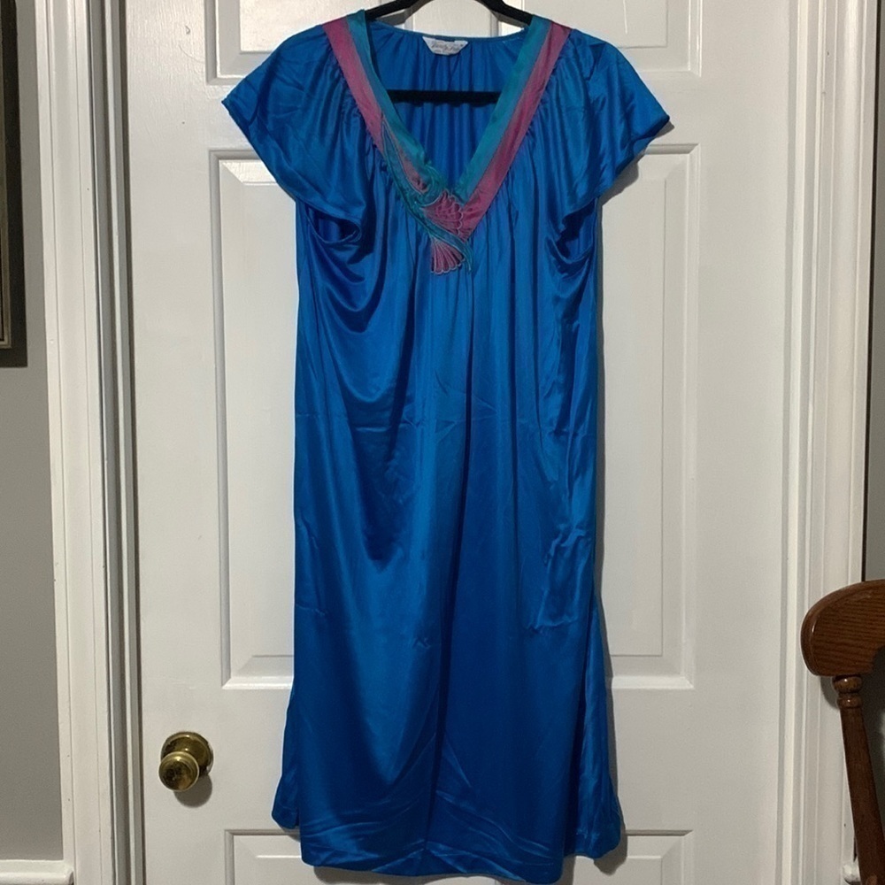 60s Vanity Fair turquoise nightgown with a pink and green decorative neckline